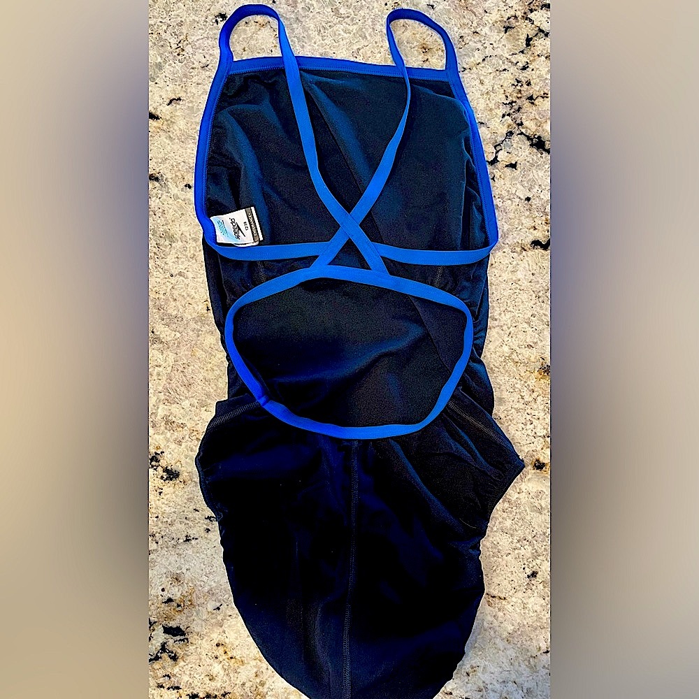 Speedo Endurance + Black One Piece with Electric Blue Accents